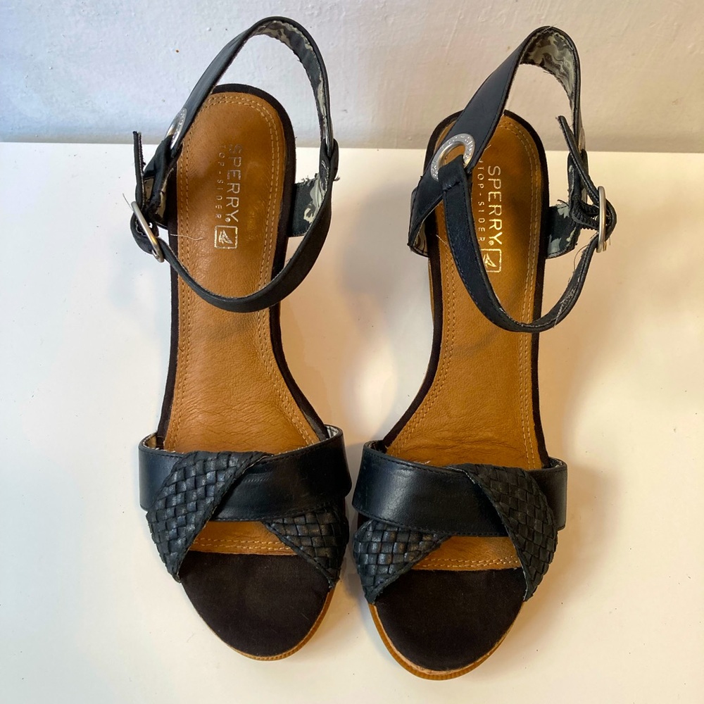 Black Sperry Cork Wedge Sandals 7M